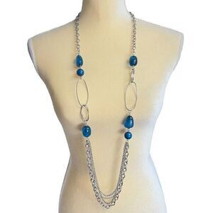 Statement Silver Tone chain Bead Blue Necklace 45‎ in + 2.5 in Ext.